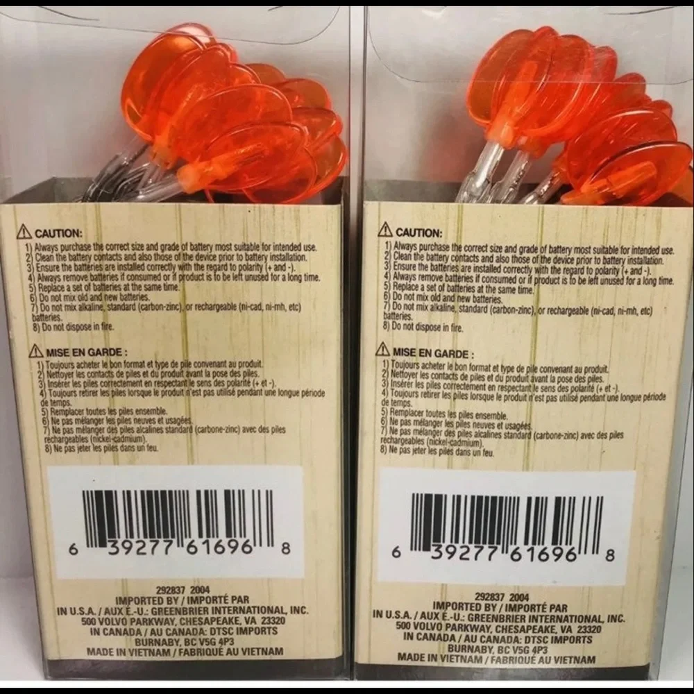 2~Packs Pumpkin Lights 3ft String 10 Led Light Indoor Use Batteries Not Included